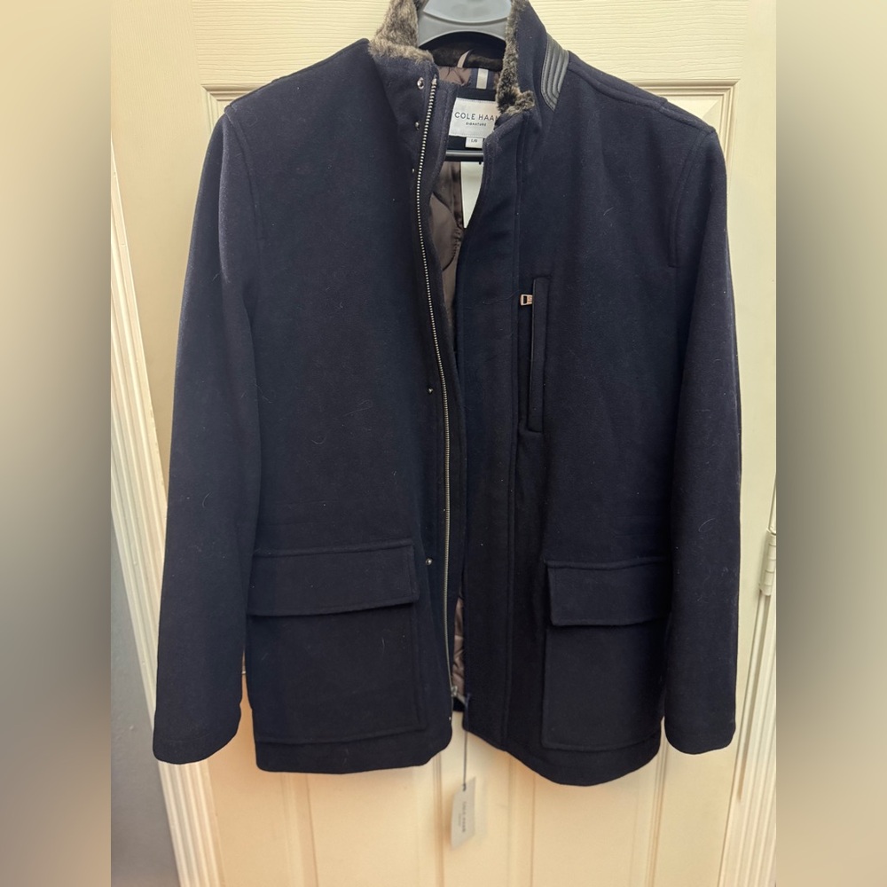 Cole Haan Men's Navy Wool Coat with Fur Collar